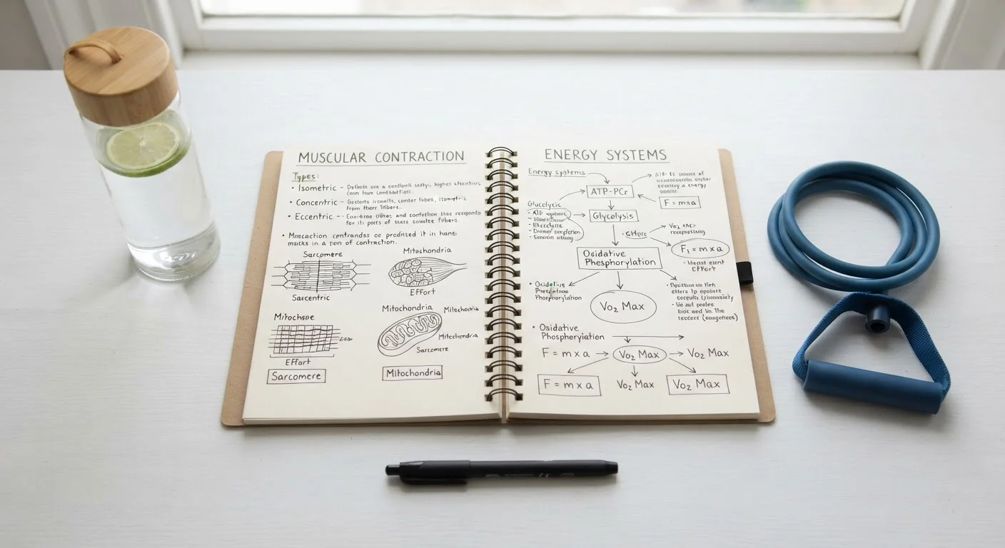 Notebook with fitness terms and diagrams laid flat alongside workout equipment