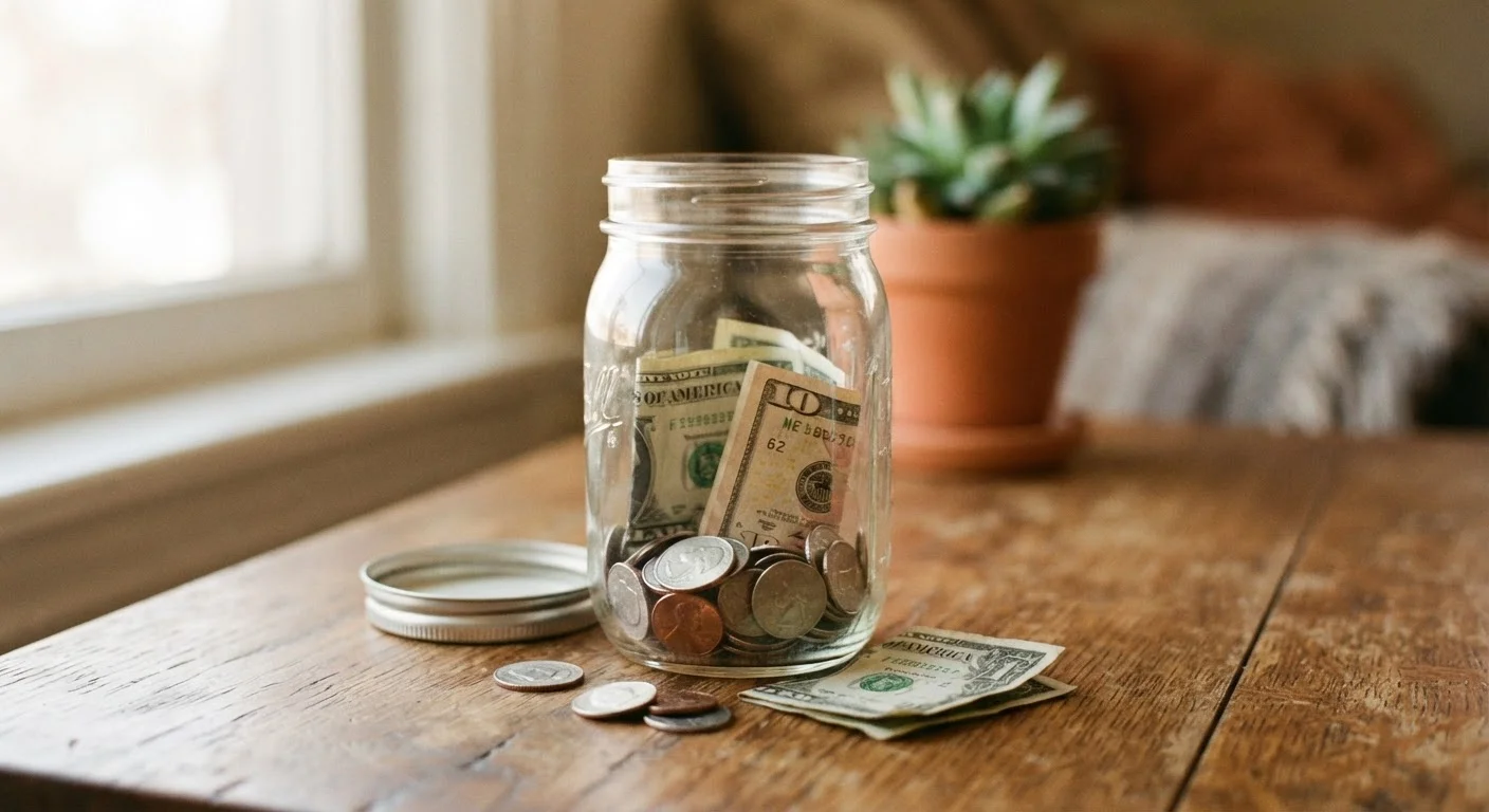A glass jar beginning to fill with coins and dollar bills representing the start of an emergency fund