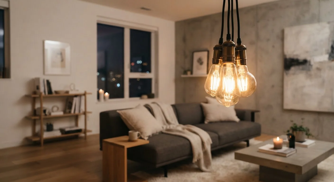 Warm LED bulbs illuminating a modern, minimalist living room interior at dusk