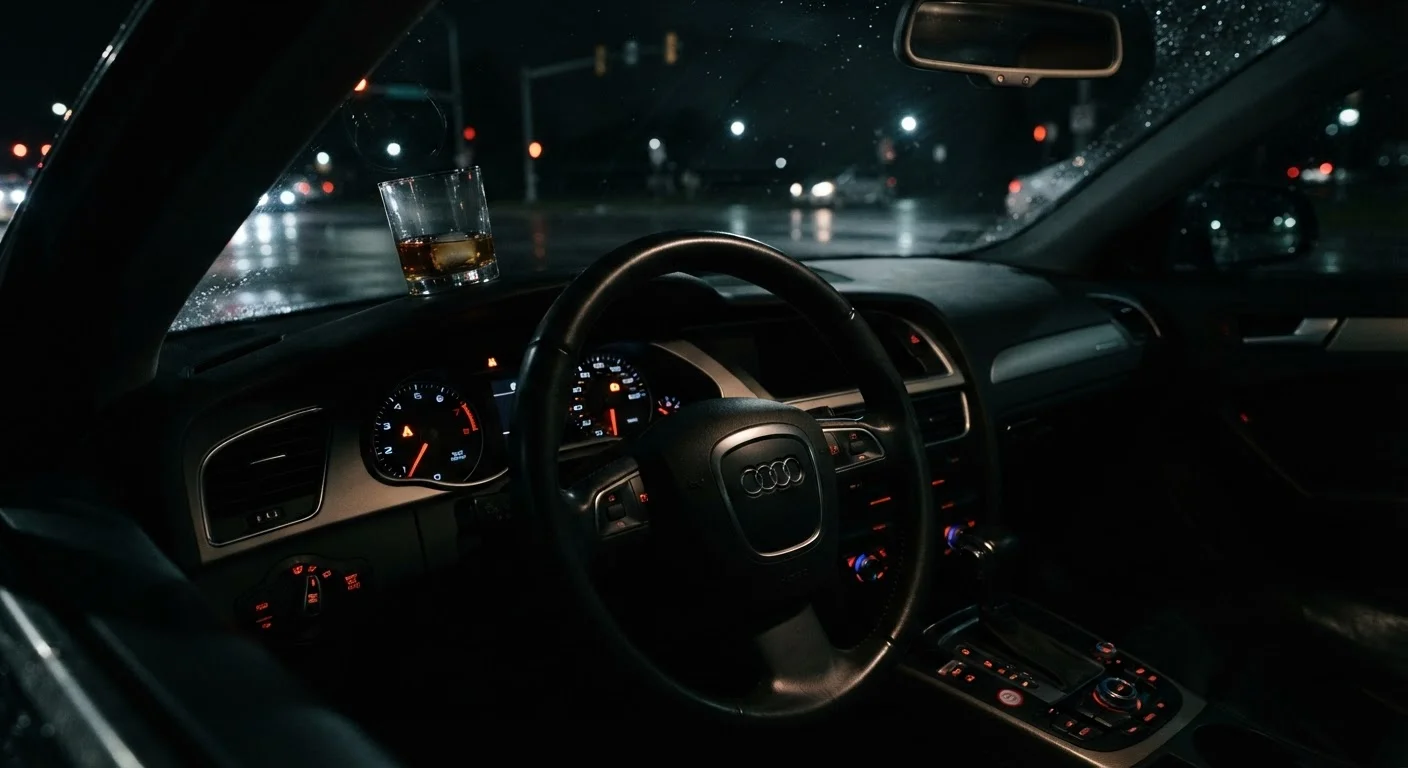 Car steering wheel at night with a glass of alcohol reflected in the windshield