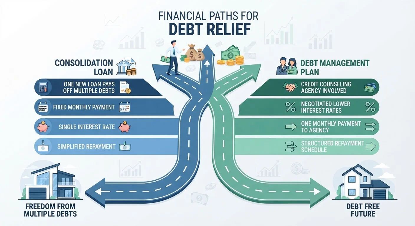 Two diverging financial paths representing debt consolidation and debt management plans side by side