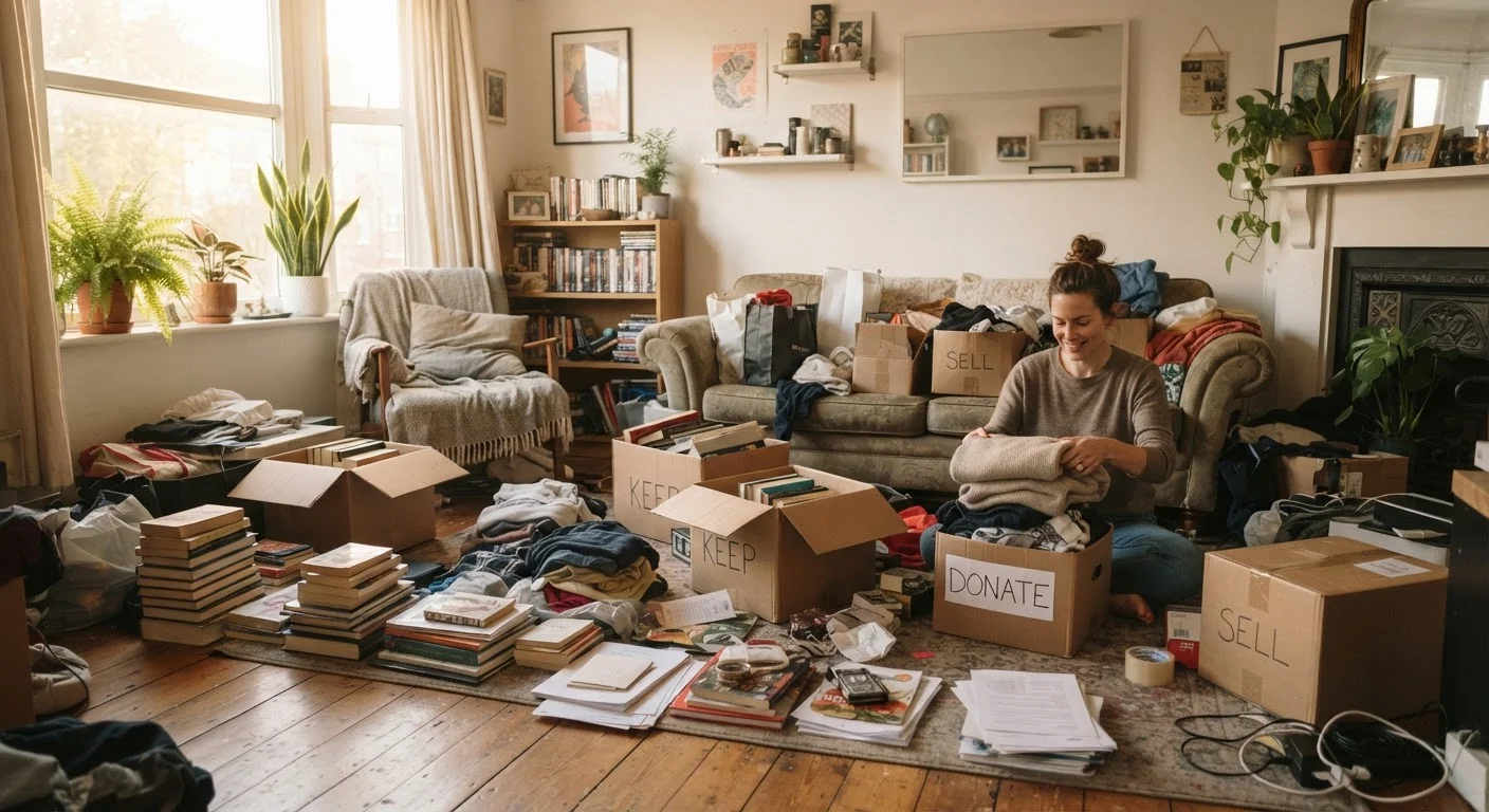 A living room mid-declutter with sorted piles of items and cardboard boxes on the floor