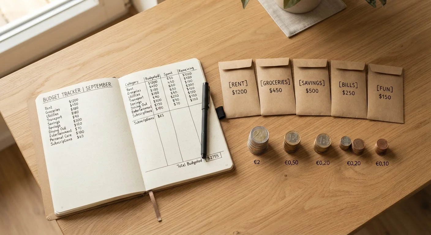 Labeled envelopes and coins organized into budget categories on a wooden desk