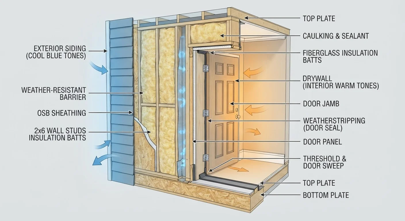 Cross-section of a house wall showing insulation layers and draught-proofing weatherstripping around door frame