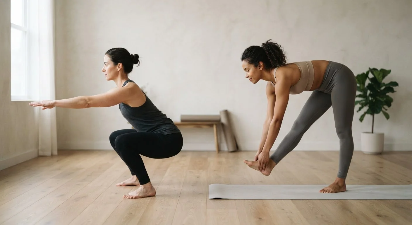Two people demonstrating mobility through a squat and flexibility through a static stretch side by side