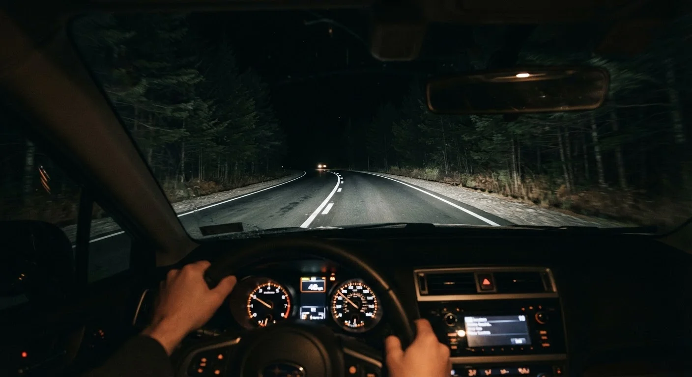 Driver's view of a dark road at night with headlights illuminating a short distance ahead