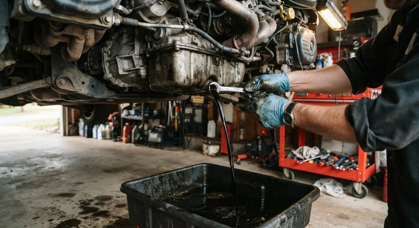 Hands draining used motor oil from a car engine into a collection pan in a home garage