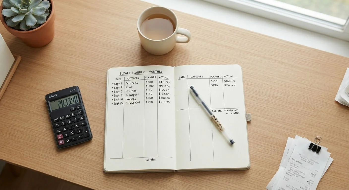 Open budget notebook on a clean desk with calculator and pen, overhead view