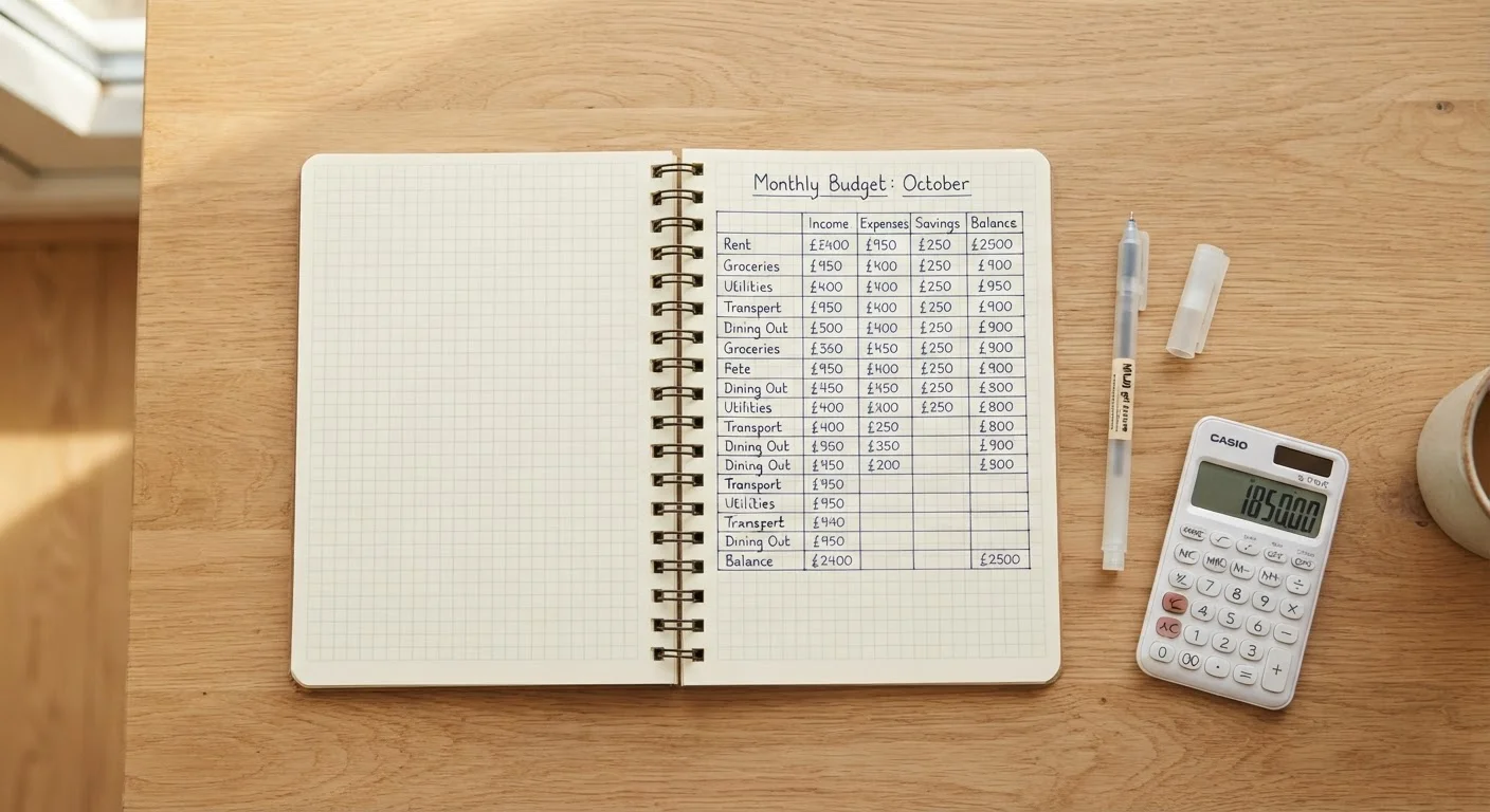 Open notebook with a budget table, pen, and calculator arranged on a wooden desk