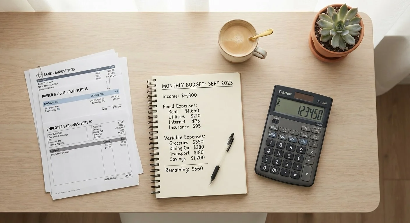 Financial documents, calculator, and budget notebook arranged neatly on a desk