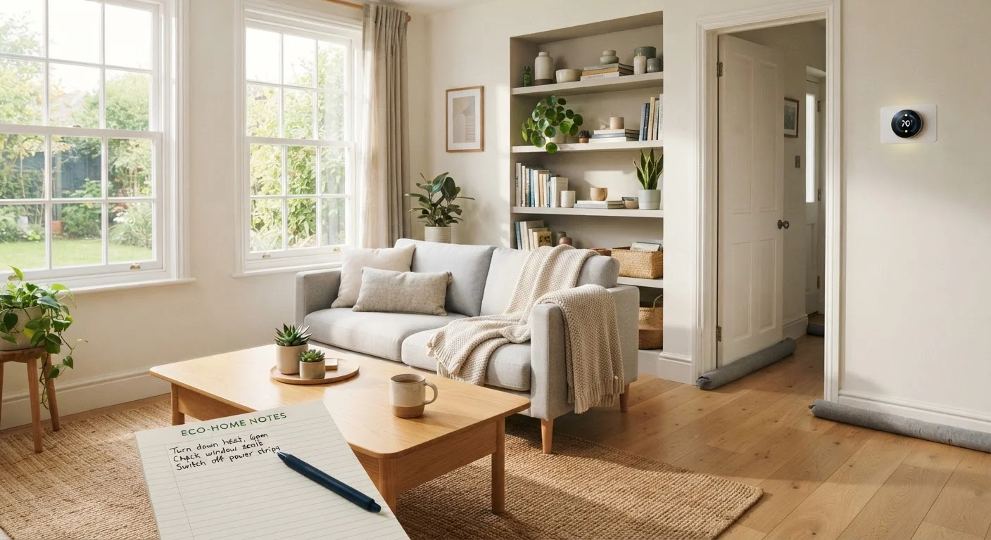A tidy, well-lit living room with a notepad on the coffee table suggesting a home audit in progress.