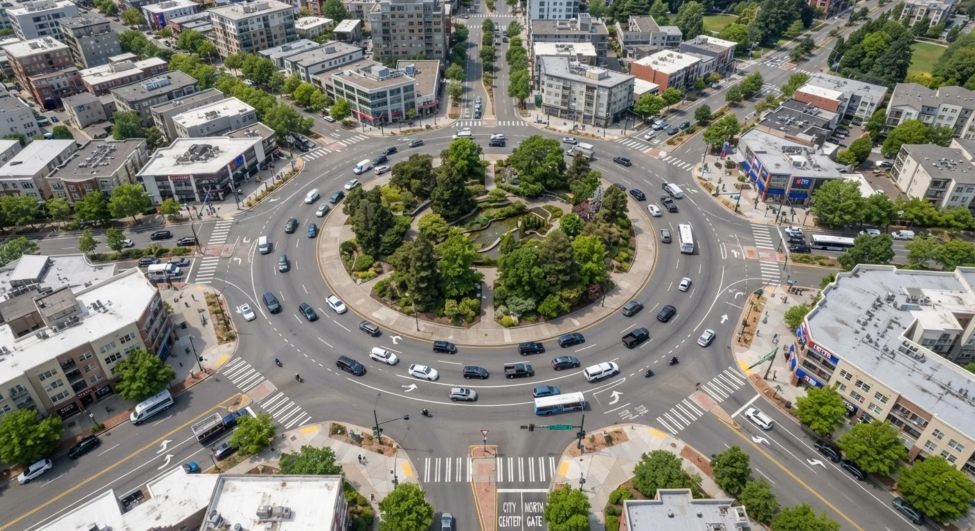 Aerial view of a busy multi-lane roundabout with vehicles navigating circular traffic flow
