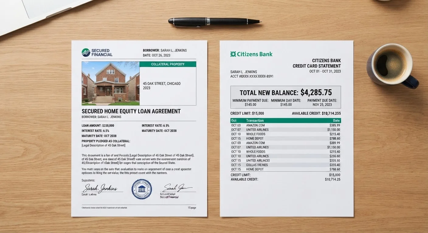 Two financial documents side by side representing secured and unsecured debt types