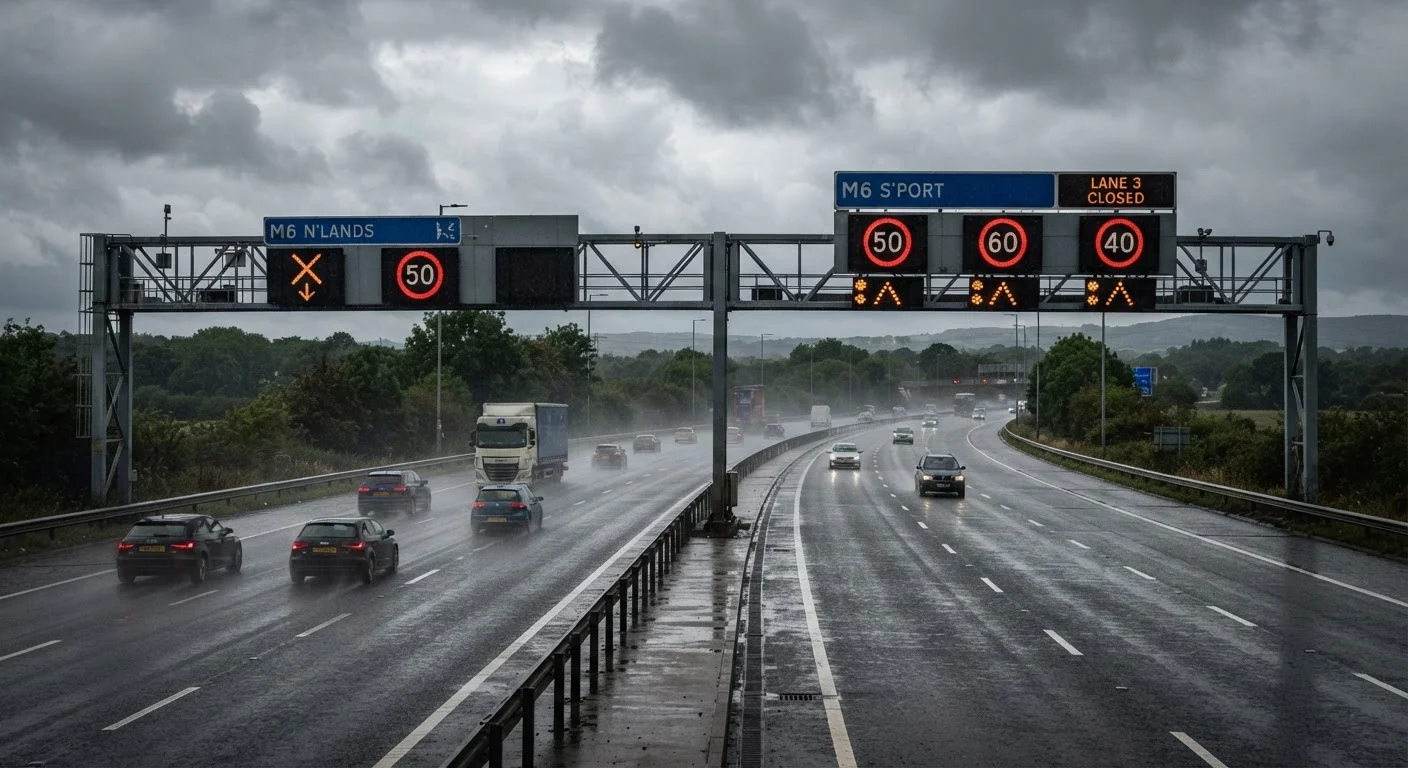 UK motorway overhead gantry displaying variable speed limit signs in wet conditions