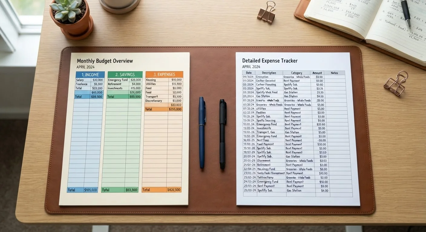 Two budgeting worksheets displayed side by side on a clean desk surface