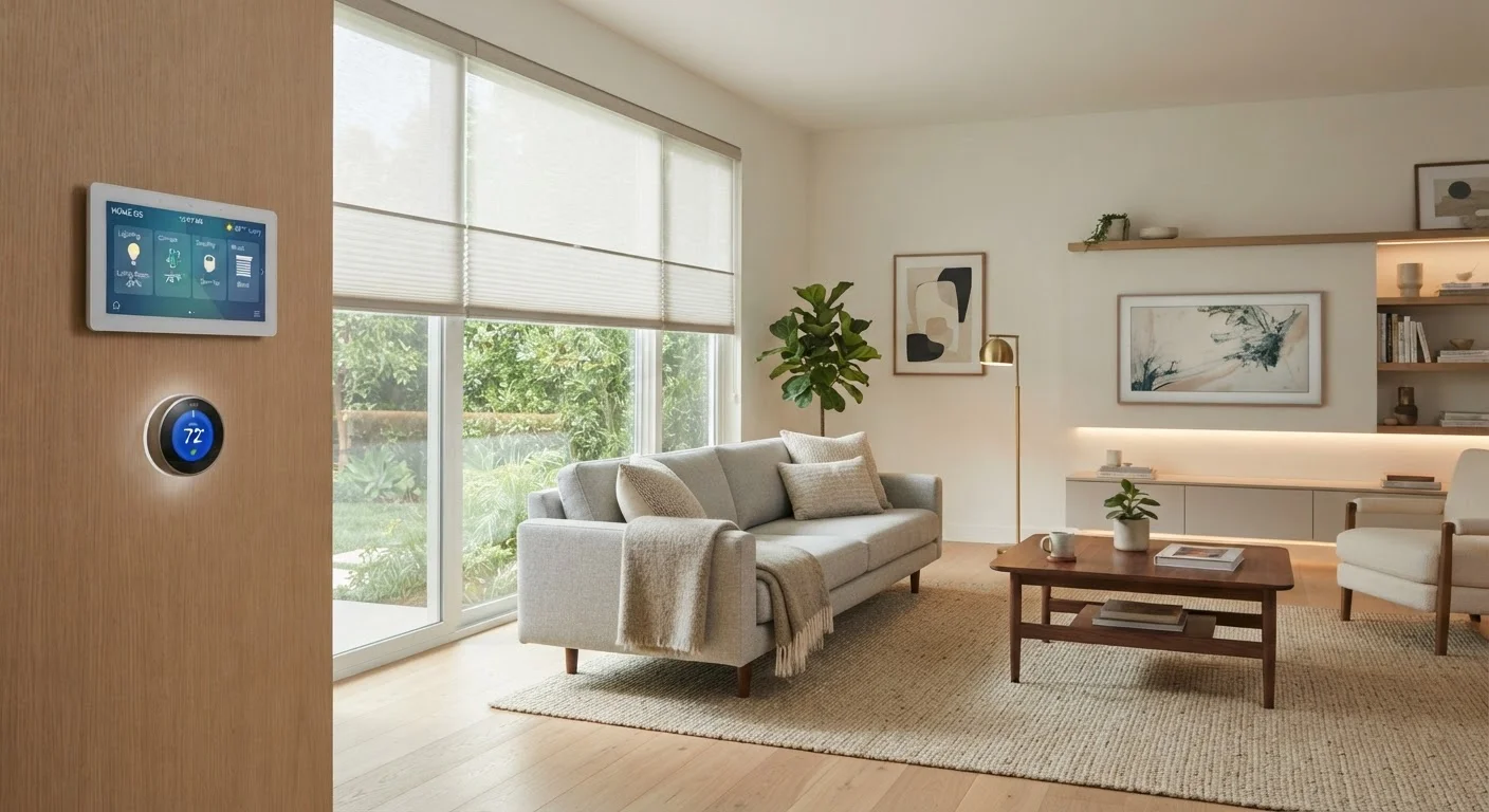 Smart home control panel in a modern living room with automated lighting and thermostat