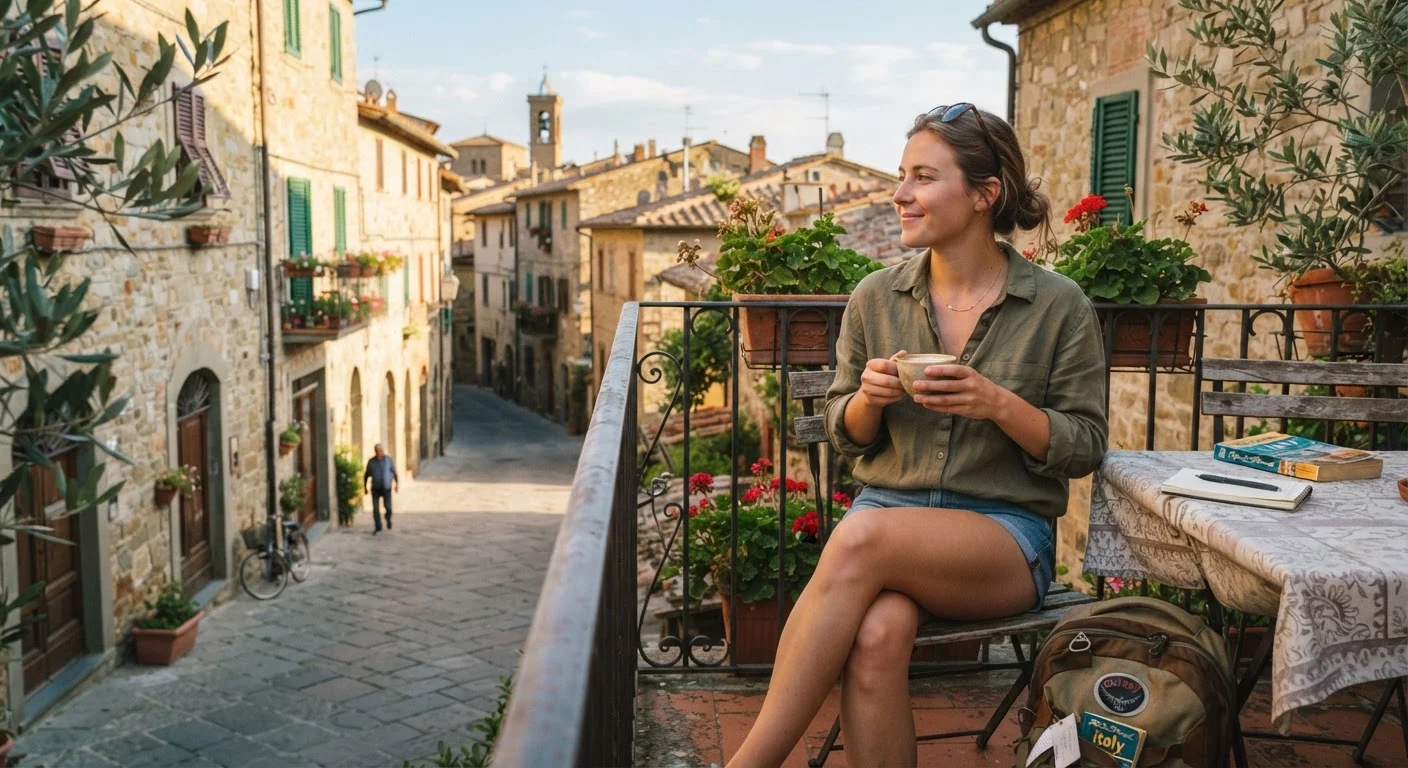 Traveler resting on a sunlit terrace with a coffee cup and travel bag nearby
