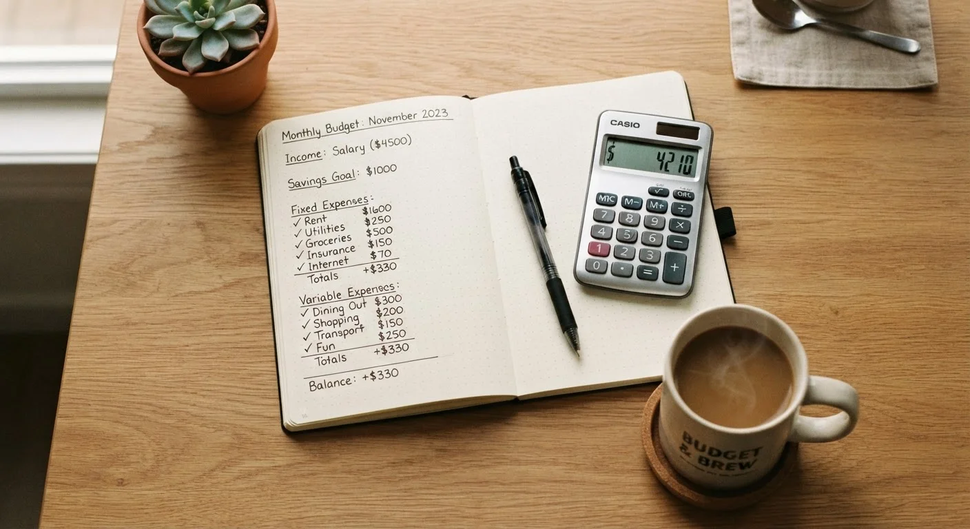 A handwritten personal budget plan in a notebook alongside a calculator and pen on a wooden desk