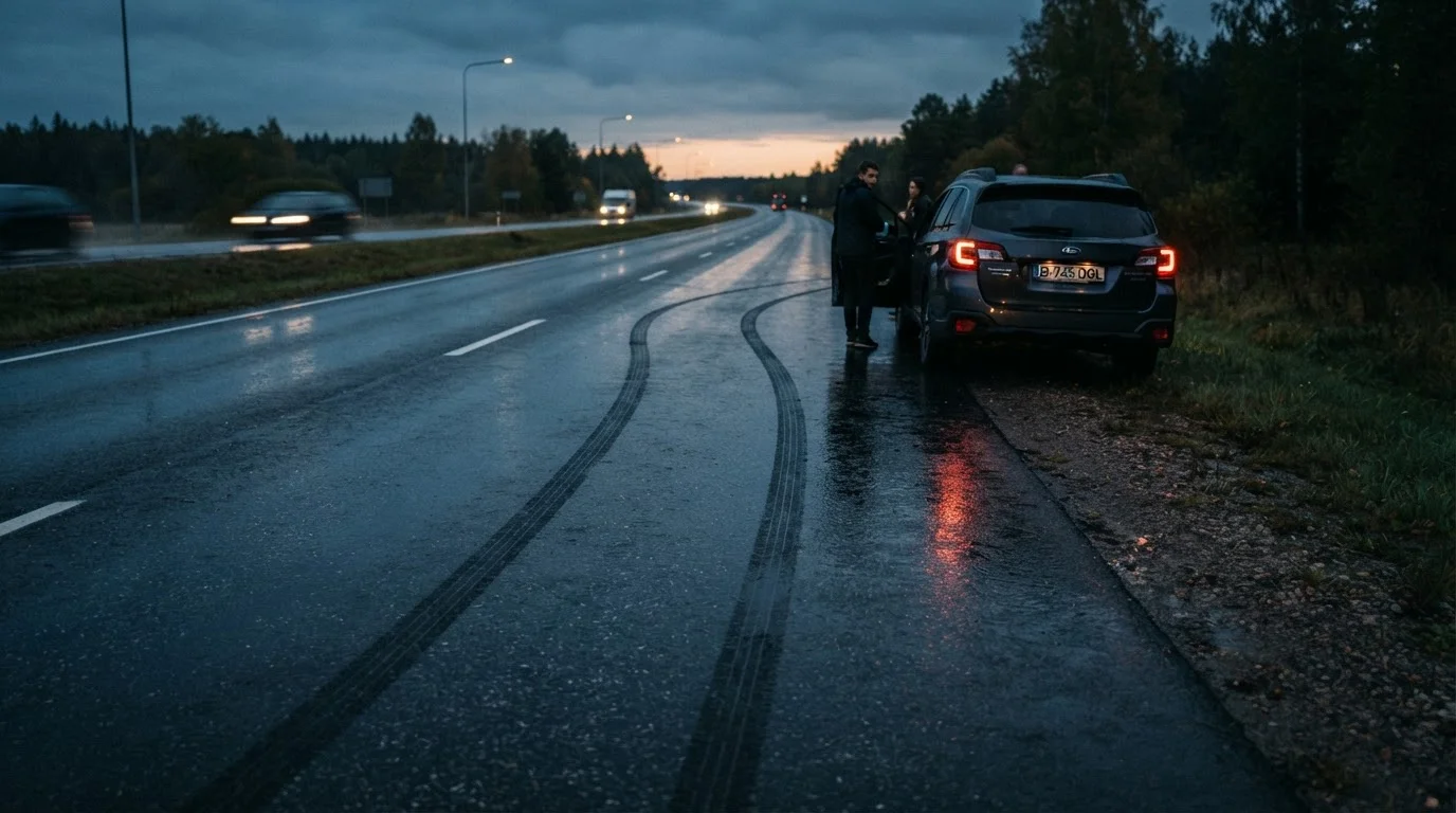 Wet road with skid marks showing a vehicle's braking distance on dark asphalt