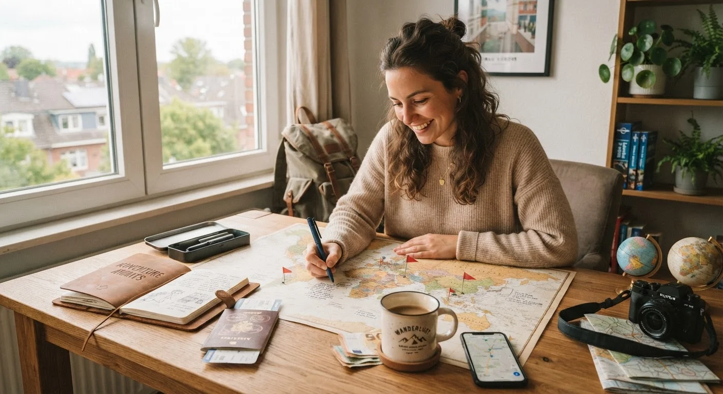 A traveler planning a trip with a world map, passport, and notebook on a wooden desk