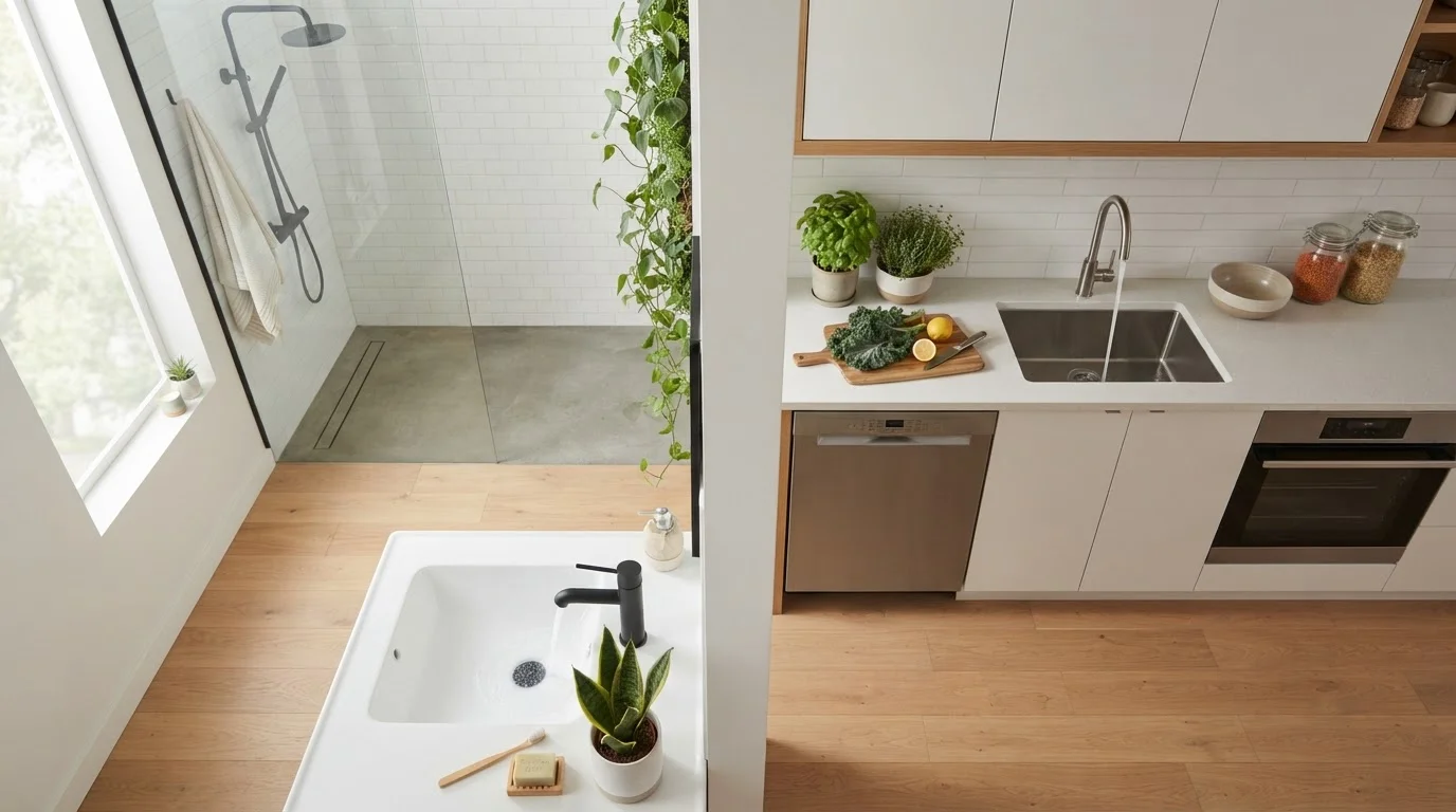 Water-efficient faucet running a thin stream over a clean modern sink basin