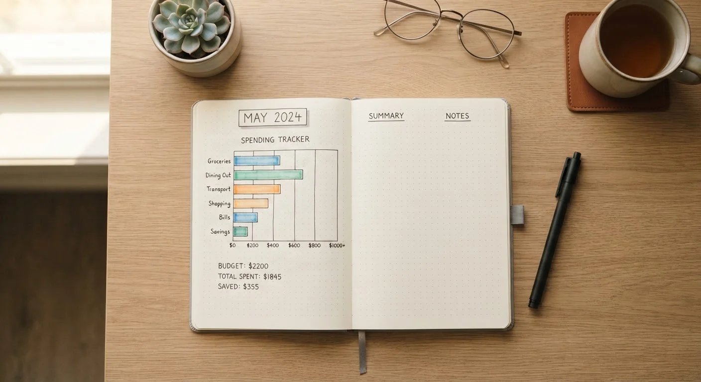 Open notebook with a hand-drawn monthly budget chart on a minimal desk with natural lighting