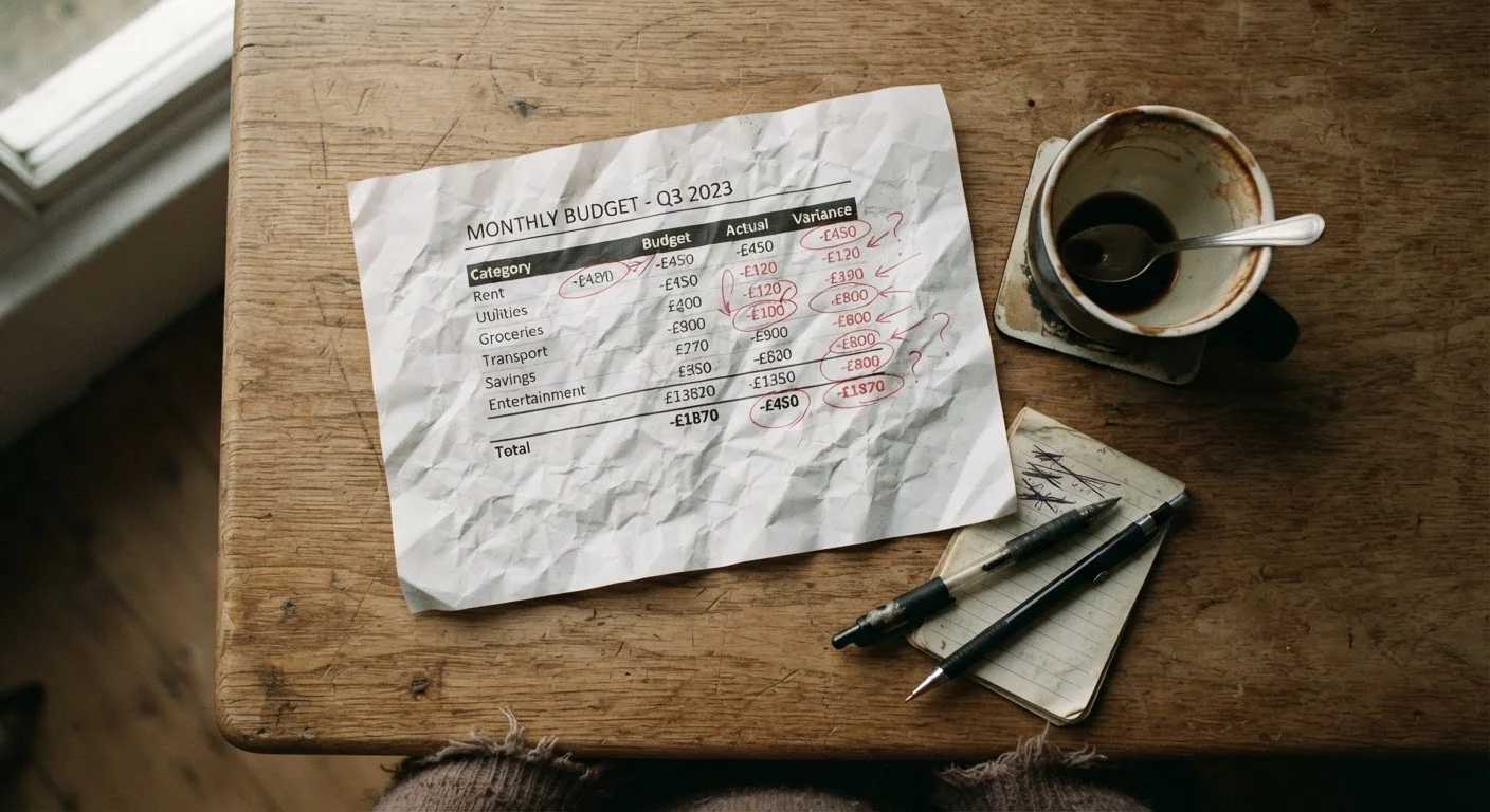 A crumpled budget spreadsheet on a desk next to a coffee cup, representing budget failure