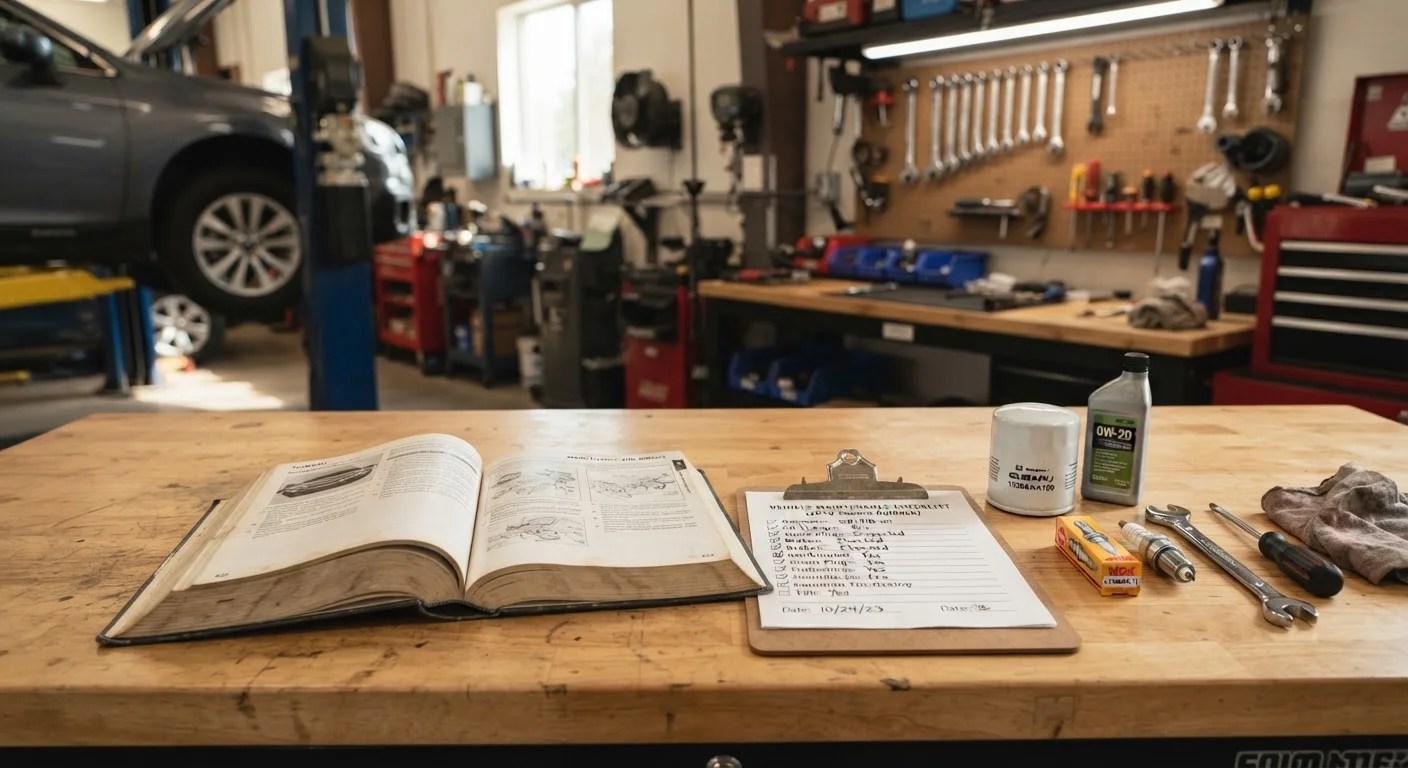 Open car owner's manual beside a maintenance checklist and common service parts on a workbench
